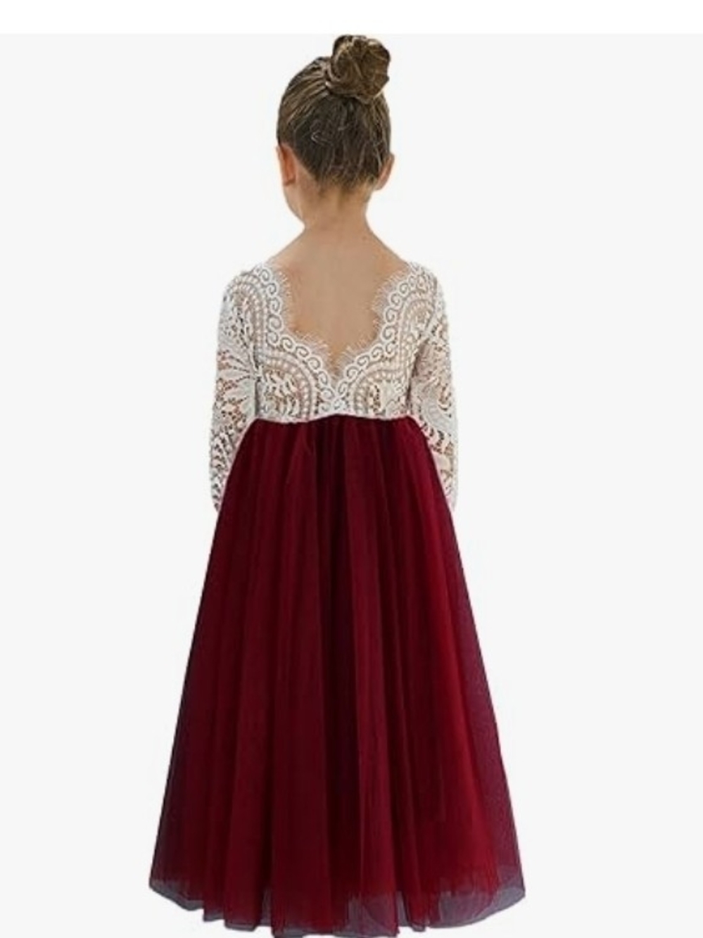 Girls' Burgundy Tulle Gown with Ivory Lace Bodice Size 9